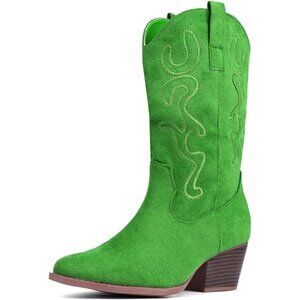 Women Light-green Suede Mid Calf Chunky Block Heel Western Embroidered Boot